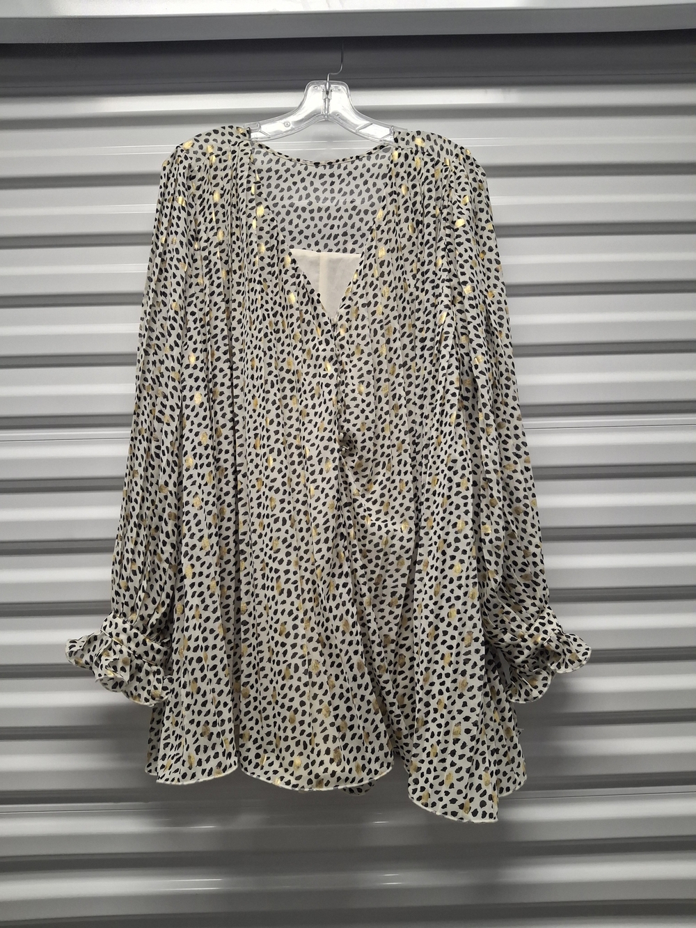 Leopard-Print Cream V-Neck Blouse with Gold Spots